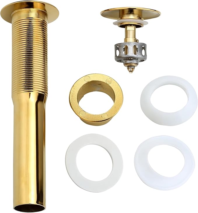 Bathroom Sink Drain, 2 Pack Gold Drain Stopper Bathroom Sink Without Overflow, Pop Up Drain Assembly with Detachable Strainer Basket, Built-in Anti-Clogging Strainer,Stainless Steel