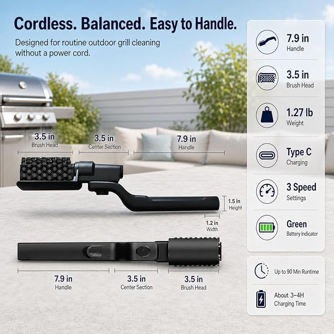 Vahrelo Grillmaster Pro Electric Grill Brush for Outdoor Grill, Cordless Rotary Cleaning Brush with Detachable Heads, Protective Cover, Type C Rechargeable BBQ Tool for Summer Cookouts