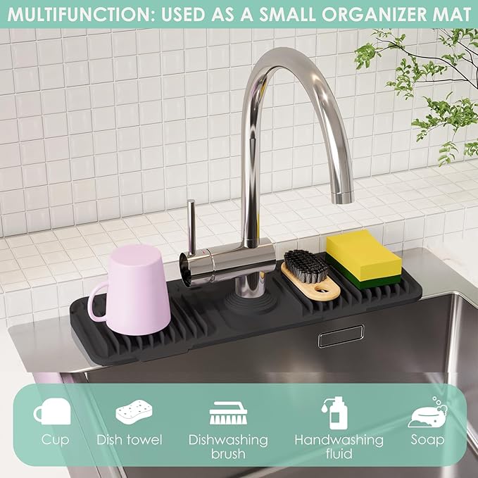17.7 Inch Silicone Faucet Mat for Kitchen Sink Splash Guard - 7Β° Slope Water Draining Mat with Fasten Button for Bathroom Area (Black, 17.7''x5.5'')