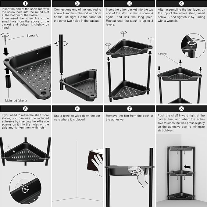 ODesign 3 Tier Corner Shower Caddy Standing Floor Standing Corner Shower Caddy Organizer Shower Table Plastic Metal Splicing Shelf Storage Rack for Bathroom Black - Rustproof