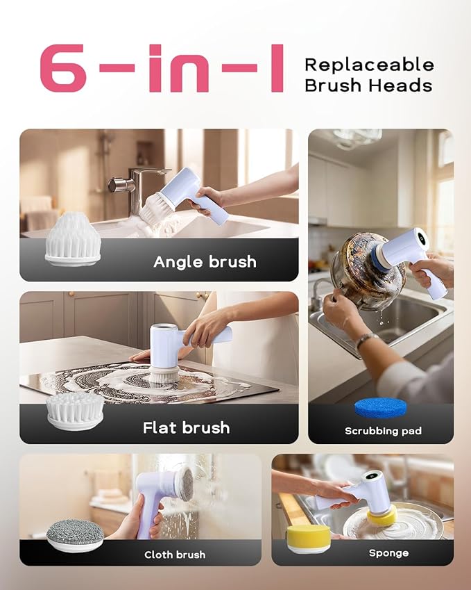 PUFTEM Electric Spin Scrubber for Bathroom Cleaning, Cordless Shower Scrubber with 6 Brush Heads, Dual-Direction Rotation, Handheld Cleaning Brush for Grout, Tile, Tub, Sink & Corners, Purple