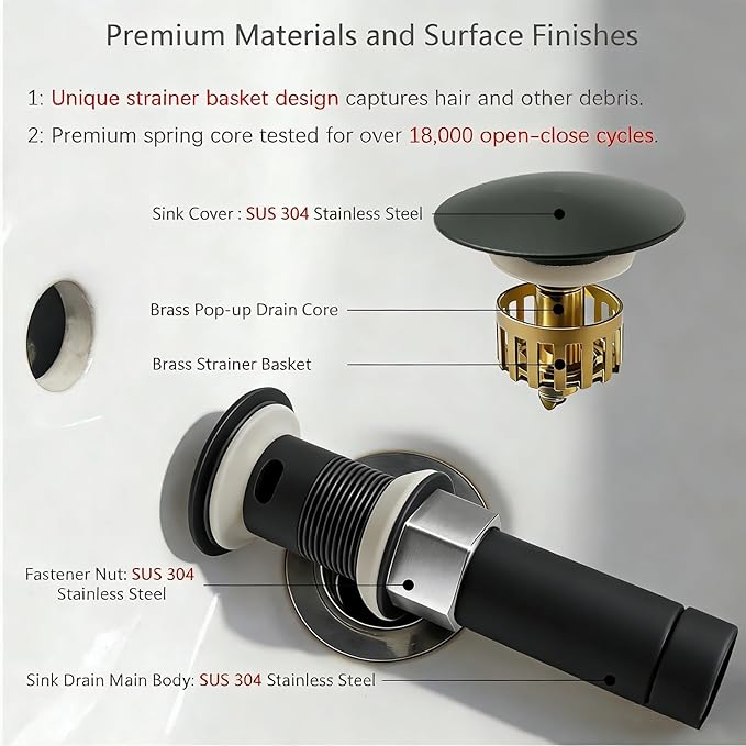 Bathroom Sink Drain, with Overflow, Pop up Sink Drain Stopper with Strainer Plug for Vessel Sink Lavatory Vanity, SUS 304 Stainless Steel, Matte Black