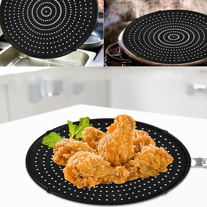 Silicone Splatter Screen, Silicone Splatter Screen for Frying Pan 13", Foldable Grease Guard Heat Resistant Oil Splash Guard, Non-Stick, For Daily Cooking and Baking(Black)