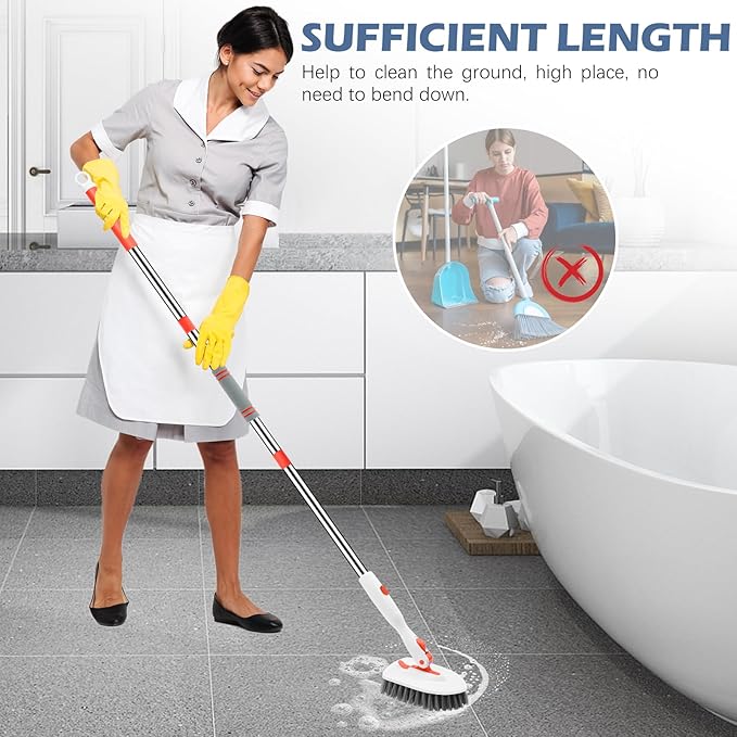SetSail Floor Scrub Brush, Tile Tub Floor Scrubber with 52-inch Adjustable Long Handle Shower Cleaner Brush for Cleaning Toilet Kitchen Bathroom Tub Tile Wall Sink, White Orange