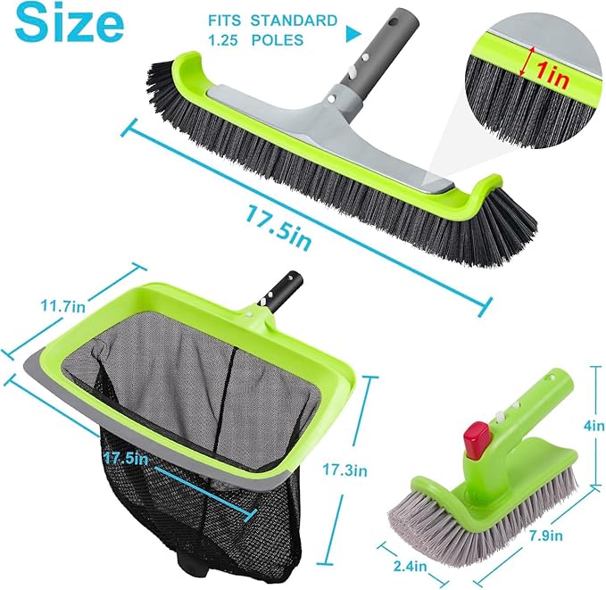 Sepetrel 3-Piece Pool Cleaning Kit -Pool Skimmer Net, 17.5" Aluminum Pool Wall Brush & 90° Rotatable Hand Scrub Brush for Steps, Corners, Vinyl Liners(No Pole)