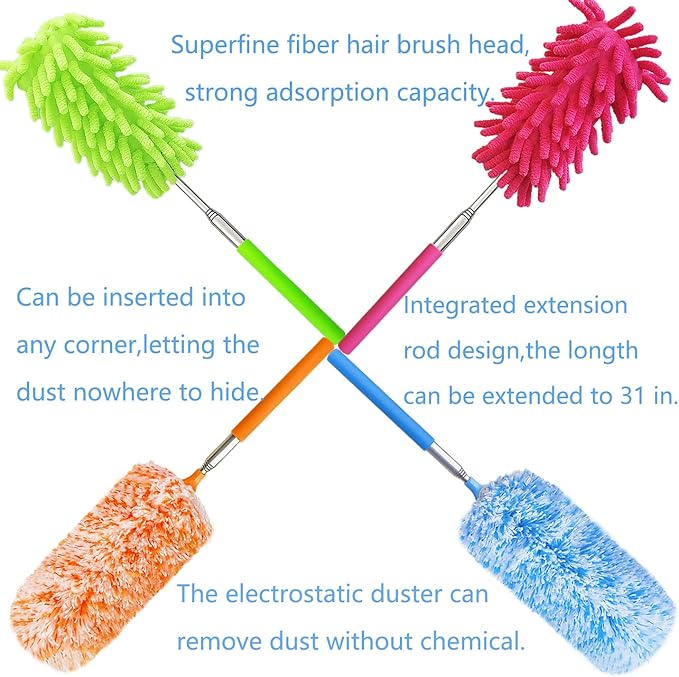 4 Pack 13" to 30" Extendable Feather Duster Kit, Washable Duster Head, Microfiber Duster for Office, Car, Window, Furniture