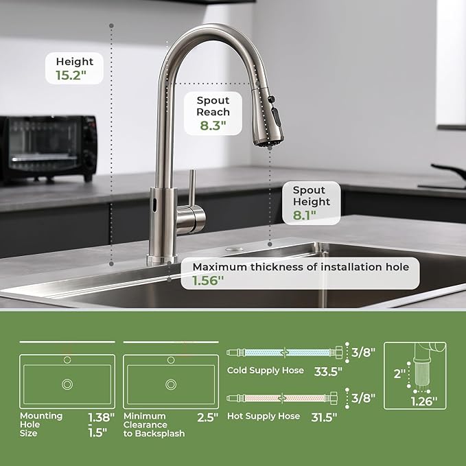 Touchless Kitchen Faucet, VFAUOSIT Kitchen Sink Faucet with Pull Down Sprayer Brushed Nickel Motion Sensor Smart Hands-Free, Stainless Steel Single Hole Faucet for Bar Laundry RV Bathroom Sink