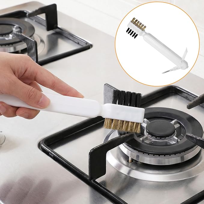 2Pcs Kitchen Stove Cleaning Brush, Bent Cooktop Scraper, Gas Stove Cleaning Brush Scraper Set, Nylon Brush Head Brushes for Kitchen Gas Burners Cooktop Pan Range Hood Grease Grime