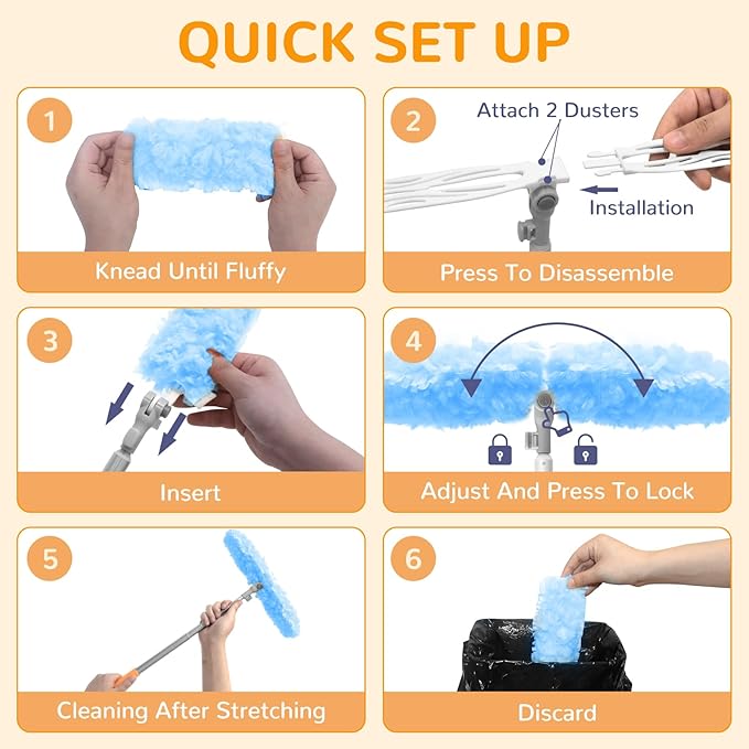 6 ft Heavy Duty Extendable Duster Handle with 50 Refills for Swiffer Duster, 360° Multi-Surface Dusters with 4X Cleaning Power for Home, Ceiling Fans, Windows, Dusting Hard-to-Reach Areas (Blue)