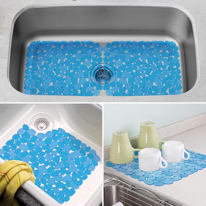Yolife Pebble Sink Mats for Stainless & Porcelain Sinks, PVC Saddle Protectors - Dish & Glassware Guard (Blue,2 Pack)