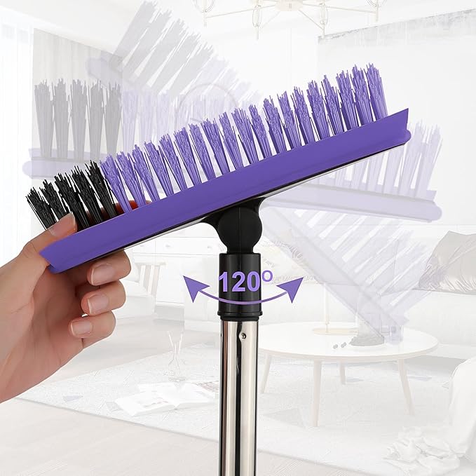 Grout Cleaner Brush with Long Handle, V-Shaped Floor Scrub Brush Swivel Grout Brush Stiff Bristle Floor Grout Scrubber for Bathroom, Tile Line, Crevice, Kitchen, Wall, Deck, Garage (Purple)