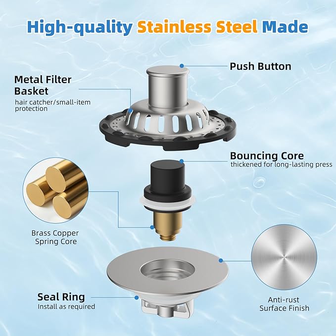 Universal Bathtub Drain Stopper Shower Hair Catcher Bathroom Sink Strainer, Tub Stopper with Visible Top Strainer, Brass Metal 3 in 1 Pop-up Stopper for Standard 1.1''~2.36'' Hole, Brushed Nickel