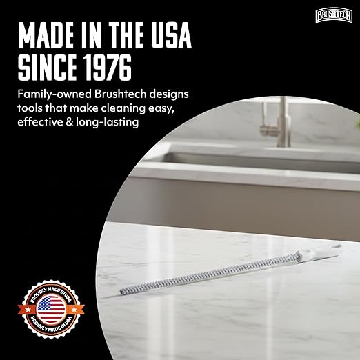 Brushtech Sink Drain & Overflow Cleaning Brush - Thin & Flexible Drain Cleaning Gadget for Clogs, Hair, & Debris - Long Pipe Cleaning Brush for Kitchen & Bathroom Sink Maintenance - Made in USA