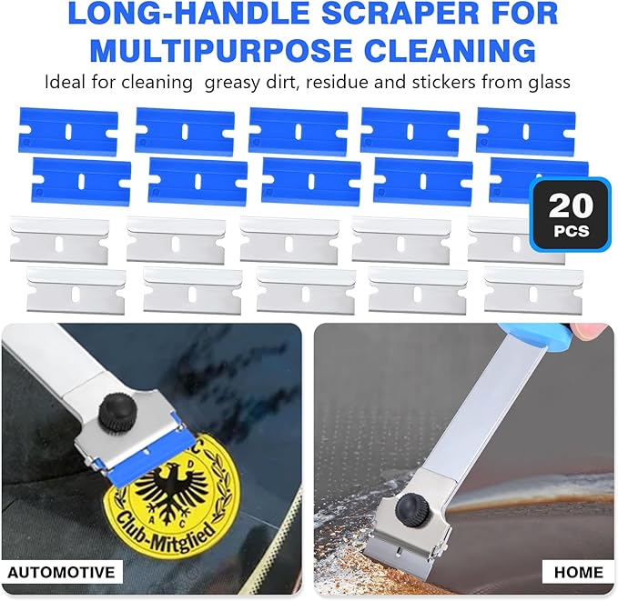 Razor Blade Scraper Tool with 20 Extra Replacement Blades (Metal & Plastic), Long Handle Scraper Tool for Cleaning Cooktop, Tile, Paint, Window Glass Scraper