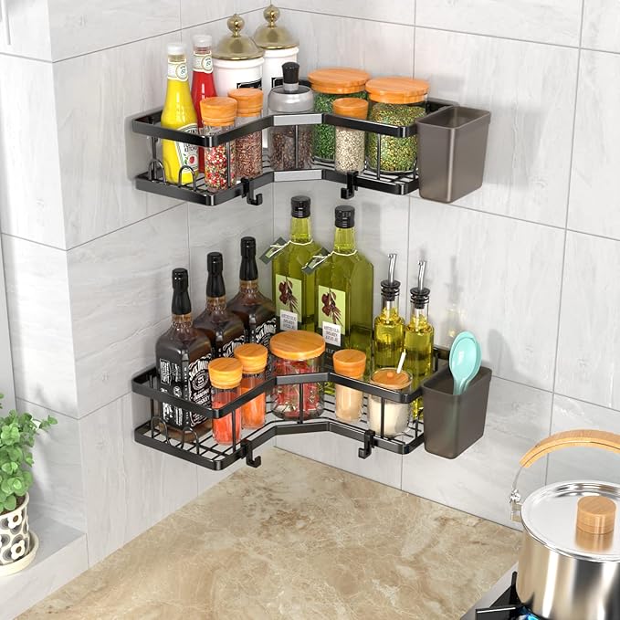 Corner Shower Caddy, 2 Pack Adhesive Shower Corner Organizer Shelves, No Drilling Stainless Steel Shower Storage Rack with Hooks&Toothpaste Holder for Bathroom Kitchen (for 90° Corners Only)