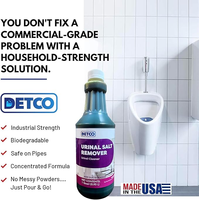 Urinal Salt Remover Concentrate - Safe on Pipes and Plumbing, Odor Control, Cleans Rust, Scale, and Uratic Salt Build-Up, 1 Quart