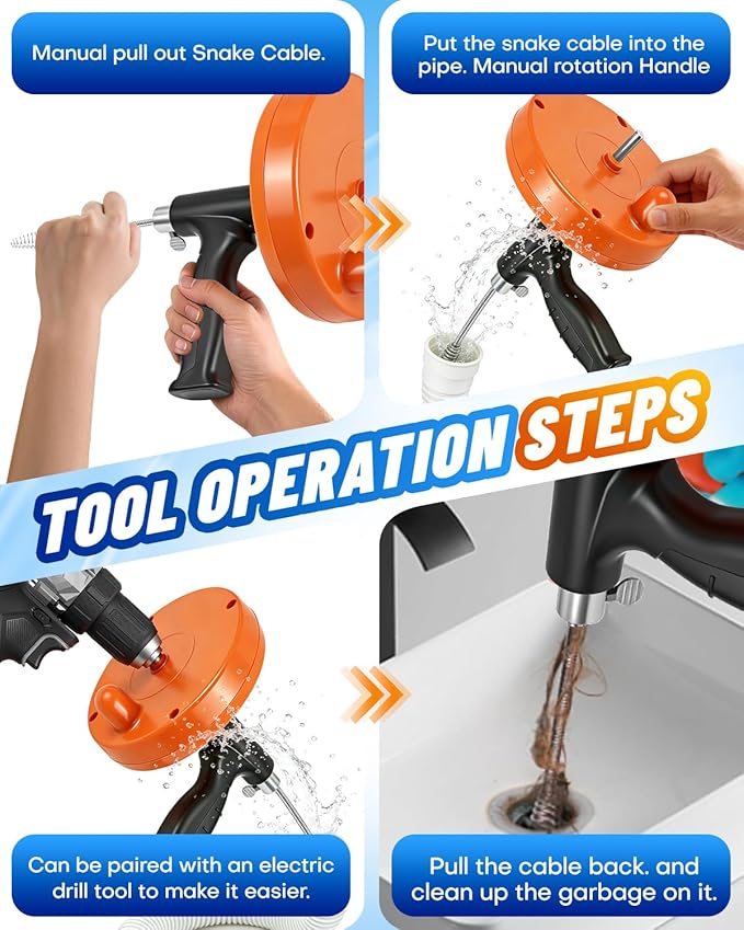 Drain Auger, Plumbing Snake with Drill Adapter, 25 ft Flexible Drain Snake Clog Removal Tool Use Manually or Powered for Kitchen Bathroom Shower Sink, Come with Gloves and Cloth Bag