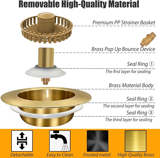 Kitchen Sink Drain Strainer, 3 in 1 Pop Up Kitchen Sink Stopper, with an Extra Basket Strainer, Universal for US Standard 3-1/2 Inch, Brushed Gold