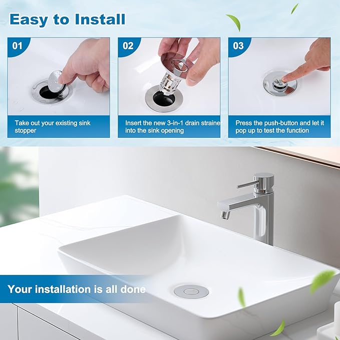 Hibbent Universal Bathroom Sink Drain Strainer, Upgraded 3 in 1 Pop Up Stopper with Removable Stainless Steel Filter Basket, Brass Bullet Core, Hair Catcher Sink Plug for 1.1''~2.36'' Hole, Chrome