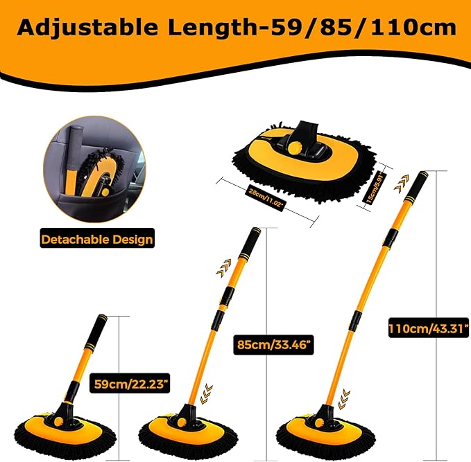 15° Curved Car Wash Brush with Long Handle 43" Extension Pole RV Truck Microfiber Cleaning Mop Auto SUV Wheel Boat Exterior Interior Detailing 2 in 1 Carwash Duster Not Hurt Paint, Yellow