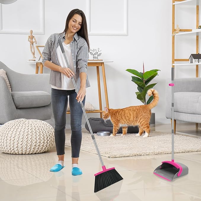 NACENA Broom and Dustpan Set, 52-in Long Adjustable Handle Broom Dustpan Combo with Dust pan Teeth to Automatically Clean Hair Suitable for Home Kitchen Office Hall Floor (Grey&Rose), 2 Pack