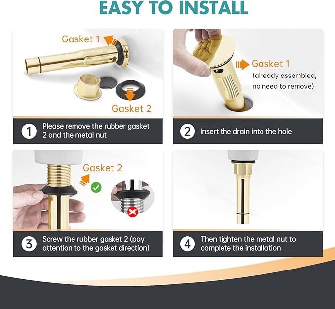 2-Pack Pop Up Bathroom Sink Drain with Overflow - Fits 1-5/8" to 2" Holes, Glod 304 Stainless Steel for Vanity/Vessel Sink