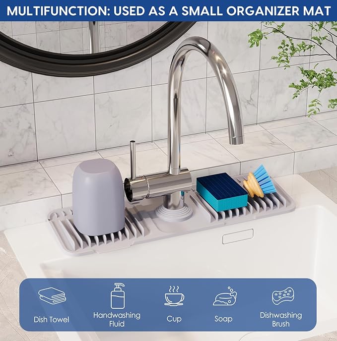 17.7 Inch Silicone Faucet Mat for Kitchen Sink Splash Guard - 7ยฐ Slope Upgraded Water Draining Mat with Fasten Button for Bathroom Area (Gray, 17.7''x5.5'')