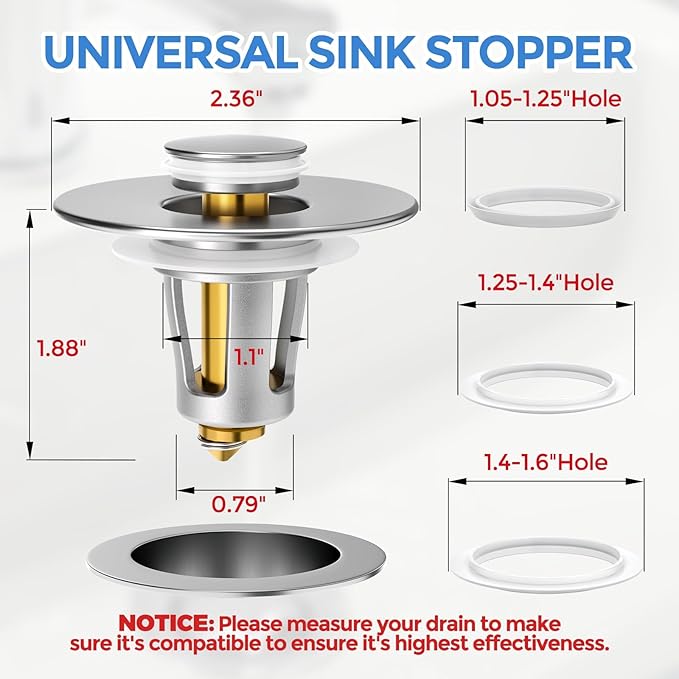 zaa Bathroom Sink Stopper - 2Pack Bathroom Sink Drain Strainer,Pop Up Bathroom Drain Stopper with Anti-Clogging Filter Basket,for 1.05~1.65 in U.S.Standard Basin Drain Holes,Silver