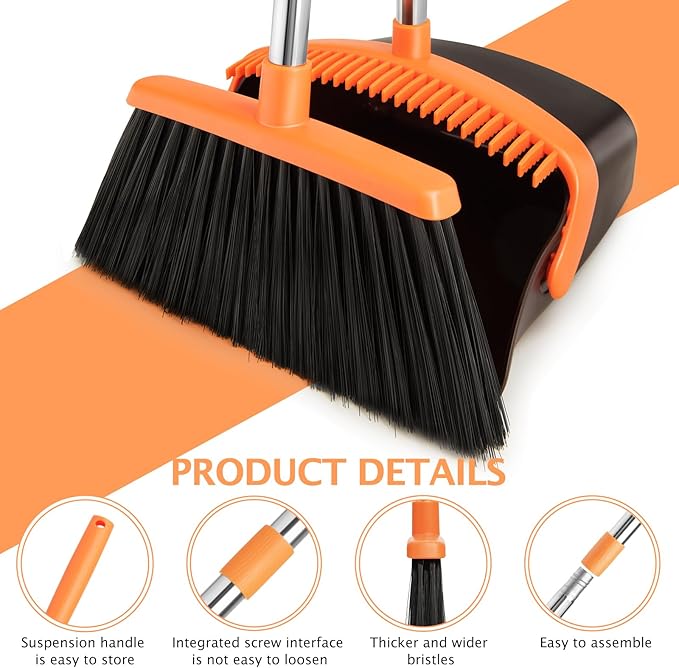 2-Pack Broom and Dustpan Set with Long Handle, Heavy Dust Broom and Dustpan Combo for Home,Kitchen, Office, Pet Hair (Brown Orange)