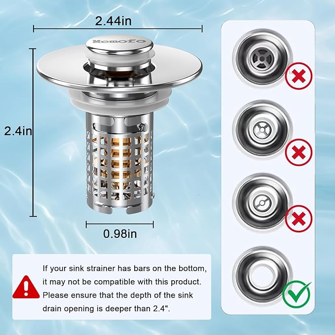 (2PCS) Bathroom Sink Drain Strainer, Stainless Steel Pop-up Strainer Basket Hair Catcher with Removable Basket, Brass Bullet Core, Universal Fit 1.1-2.36 Inch