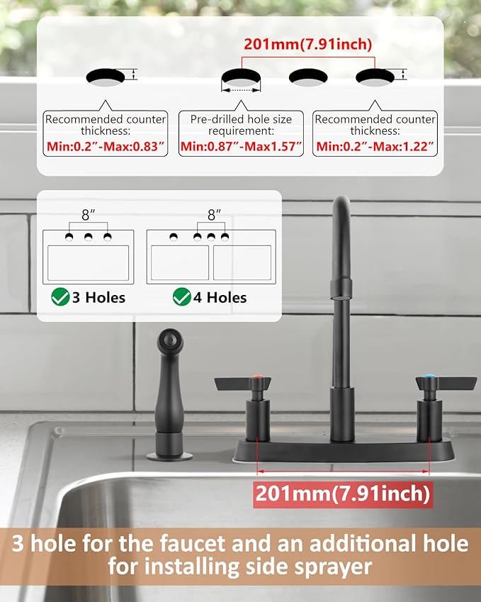 Kitchen Faucet with Sprayer 2 Handle Kitchen Sink Faucets 8 Inch Centerset 3 Hole with Supply Lines Matte Black