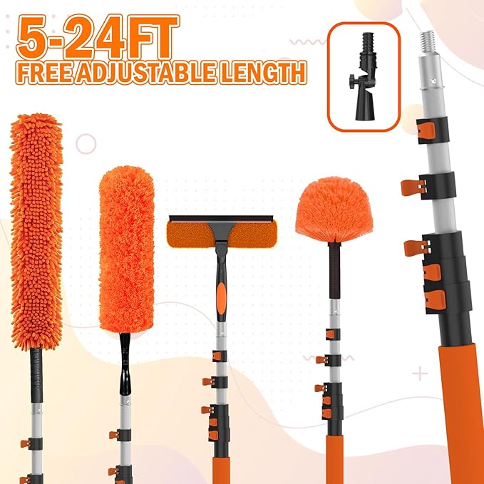 30FT High Reach Duster Cleaning Kit with Extension Pole, High Ceiling Fan Cleaner Duster Tool for Fan Blades, Window Washing Kit with Microfiber Feather Duster & Window Squeegee