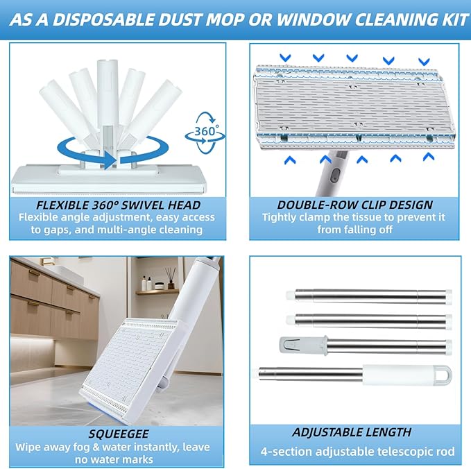 4 in 1 Disposable Dust Mop with Squeegee & Floor Scrub Brush with Long Handle, 2 Shiny Towels Wipes Cleaning Cloths, 2 Crevice Brush, Snap Grip Mini Mop for Windows Car Glass Floor Shower Bathroom