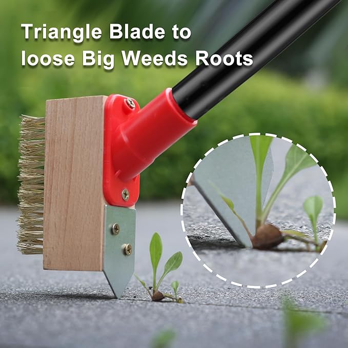 Moss Remove Brush with Long Handle(53IN), Deck Crevice Cleaning Tool, Weed Remover with Wire Brush & Metal Blade, Crack Moss Remover for Pavement Driveway Patio Sidewalk Paver(3 Brush Heads)