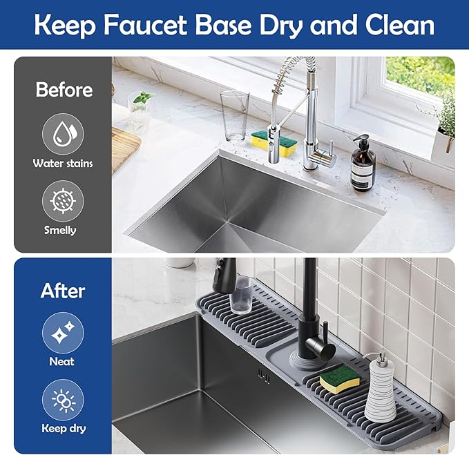 24"Longer Silicone Faucet Mat For Kitchen Sink Splash Guard -7° Slope Snap Lock- Sink Faucet Mat Splash Guard Kitchen Sink Area Silicone Sink Water Splash Guard Behind Faucet (Gray, 24"x5.5")