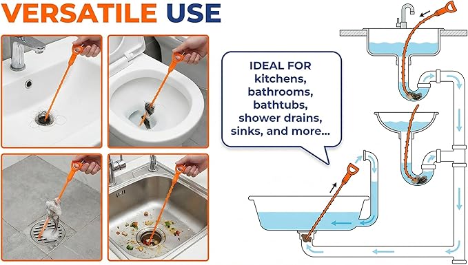20 Inch Drain Snake, Drain Clog Remover – Reusable Flexible Snake Drain Hair Removal Tool for Sink, Drain Snake Hair Removal – Easy Use Plumbing Unclogger for Toilet, Bathroom Tub & Sewer (10 Pack)