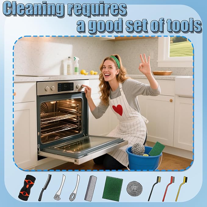 Heavy Duty Oven Cleaner Brush Set, Oven Cleaning Accessories Tools, for Deep Cleaning Stoves, Grills, Ovens & Kitchen Surfaces - Removes Tough Grease & Carbon Buildup