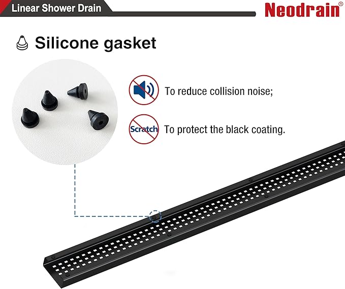 Neodrain 28-Inch Black Linear Shower Drain with Removable Quadrato Pattern Grate,Professional 304 Stainless Steel Rectangle Shower Floor Drain Manufacturer,Leveling Feet,Hair Strainer,Matte Black