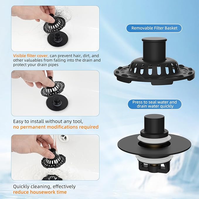 2PACK Universal Bathtub Drain Stopper Shower Hair Catcher Bathroom Sink Strainer, Tub Stopper with Visible Top Strainer, Brass Metal 3 in 1 Pop-up Stopper for Standard 1.1''~2.36'' Hole, Matte Black