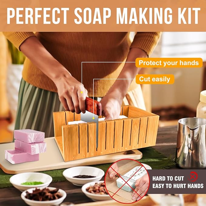 Walfos Soap Mold for soap Making, Soap Making kit - 42 oz Silicone Loaf soap Mold Set with Rectangular Wood Box & Bamboo Cutter Measuring Box, 2 Scraper for Soaps Making