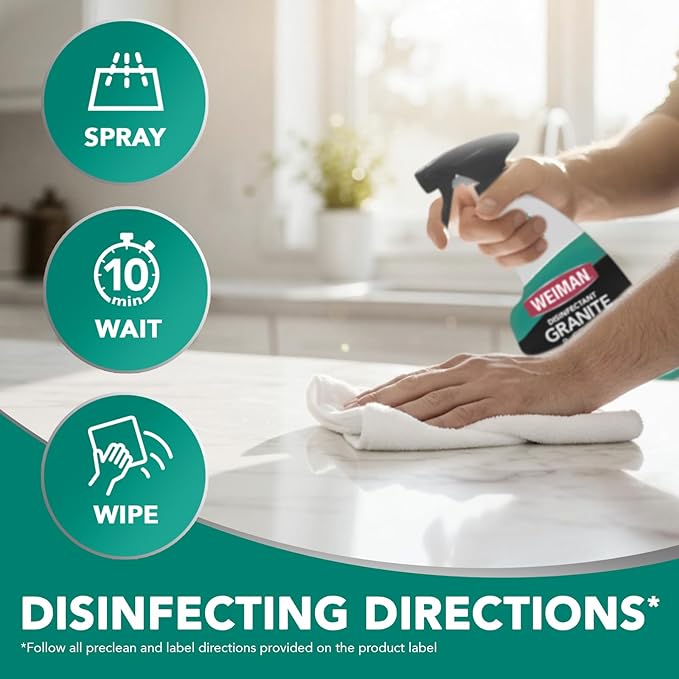 Weiman Disinfecting Granite and Stone Countertop Cleaner and Polish - Safely Cleans & Shines Marble, Quartz Quartzite Slate, Limestone, Corian, Laminate Tile, 64 Oz, 2 Pack