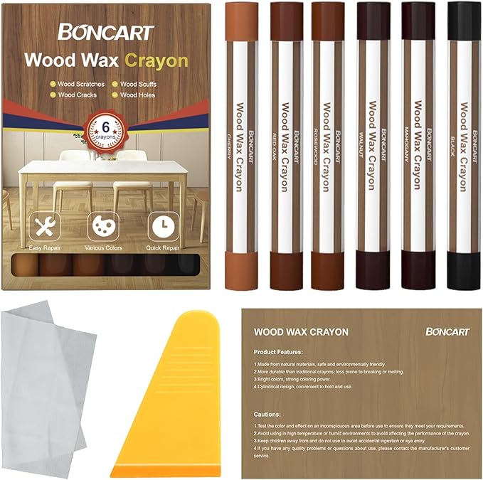 Wood Filler Sticks,6 Colors Wood Wax Crayons for Repairing Scratches, Scuffs, Cracks, and nail Holes on Wood Furniture, Floors, Cabinets, Tables, and Doors