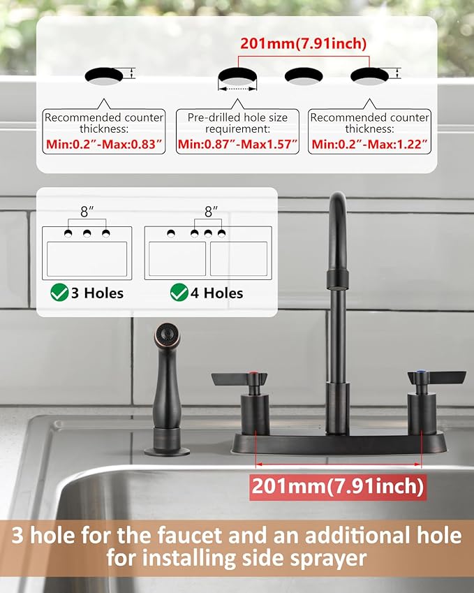 Kitchen Faucet with Sprayer 2 Handle Kitchen Sink Faucets 8 Inch Centerset 3 Hole with Supply Lines Oil Rubbed Bronze