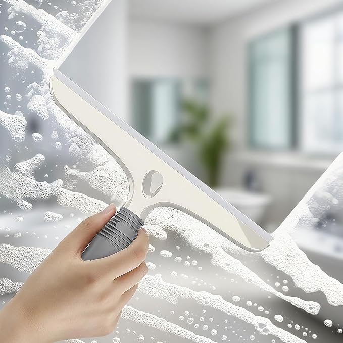 Multi-Purpose Dual-Sided Silicon Squeegee for Window, Glass, Shower Door, Car Windshield, Heavy Duty Window Scrubber, Includes Suction Hook, 10 inch, Gray and White, 1 Pack