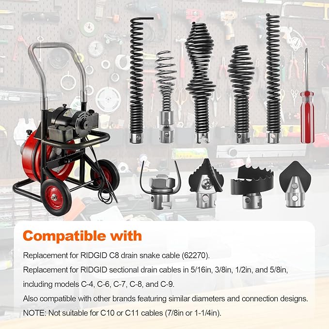10Pcs Drain Snake Drill Attachment, Compatible with K-400, C-4, C-6, C-7, C-8, C-9, Drain Auger Cutter Kit for 5/8" Drain Snake Cable Heads Tips, Includes 4 Cutters and 5 Spirals