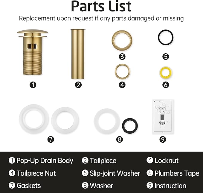 KES Vessel Sink Drain Pop Up Drain with Overflow Bathroom Stopper Assembly Brushed Gold for 1.6"-1.9" Sink Hole, All Metal Rustproof Brass and 304 Stainless Steel, S2008A-BZ