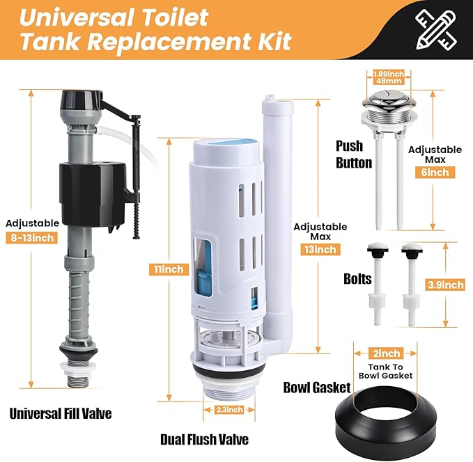 2-Inch Dual Flush Valve Replacement Kit for 2-Piece Toilets, Universal Toilet Repair Kit with Push Button, Fill Valve, Gasket & Bolts,Compatible with Glacier Bay, Kohler, American Standard, and Toto