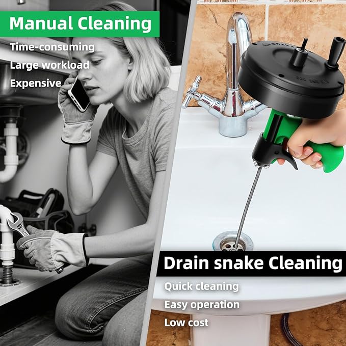 50 Ft Drain Snake, Fast Unclog Snake, Manual & Electric Plumbing Snaker for Shower Sink, Toilet and Kitchen, Drain Auger 50 ft Comes with Gloves and Bag, 1/4 Inch, Green