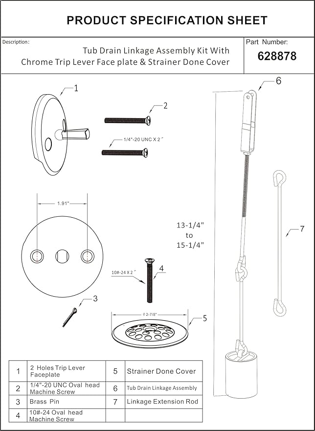 Tub Drain Linkage Assembly with Trip Lever and Strainer Done Cove, Fit for Trip Lever Bath Tub Waste and Overflow Drain by Artiwell