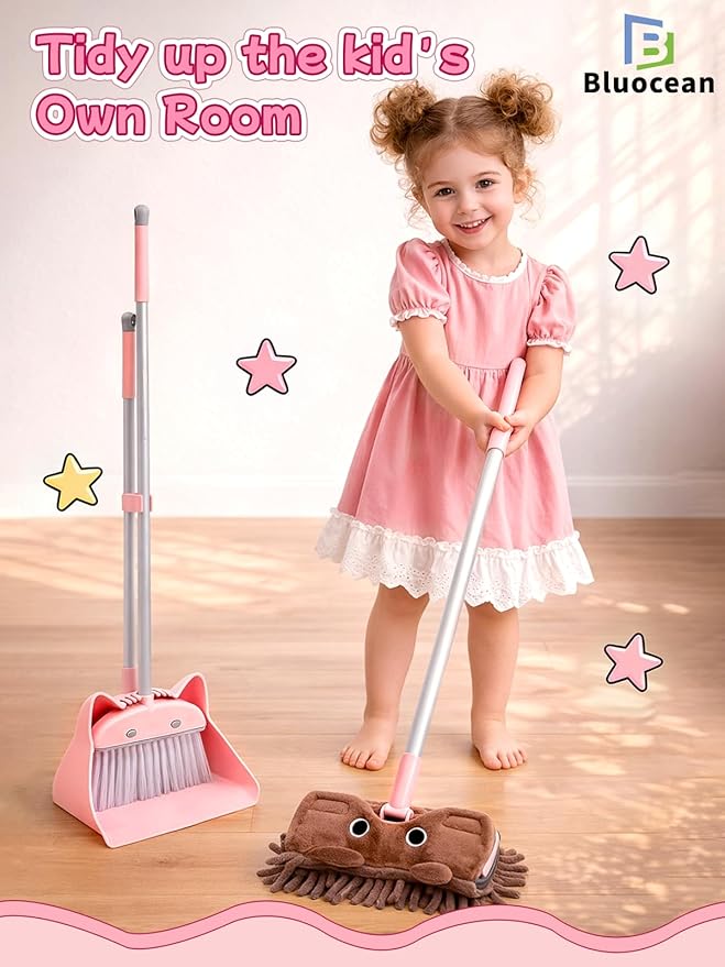 28'' Kids Mini Broom with Dustpan & Mop Set - Toddler Cleaning Toy, Toddler Household Helper, Parent-Child Interactive Play Cleaning Tool, Cute Cartoon Design, Small Safe Corner Broom (Pink)